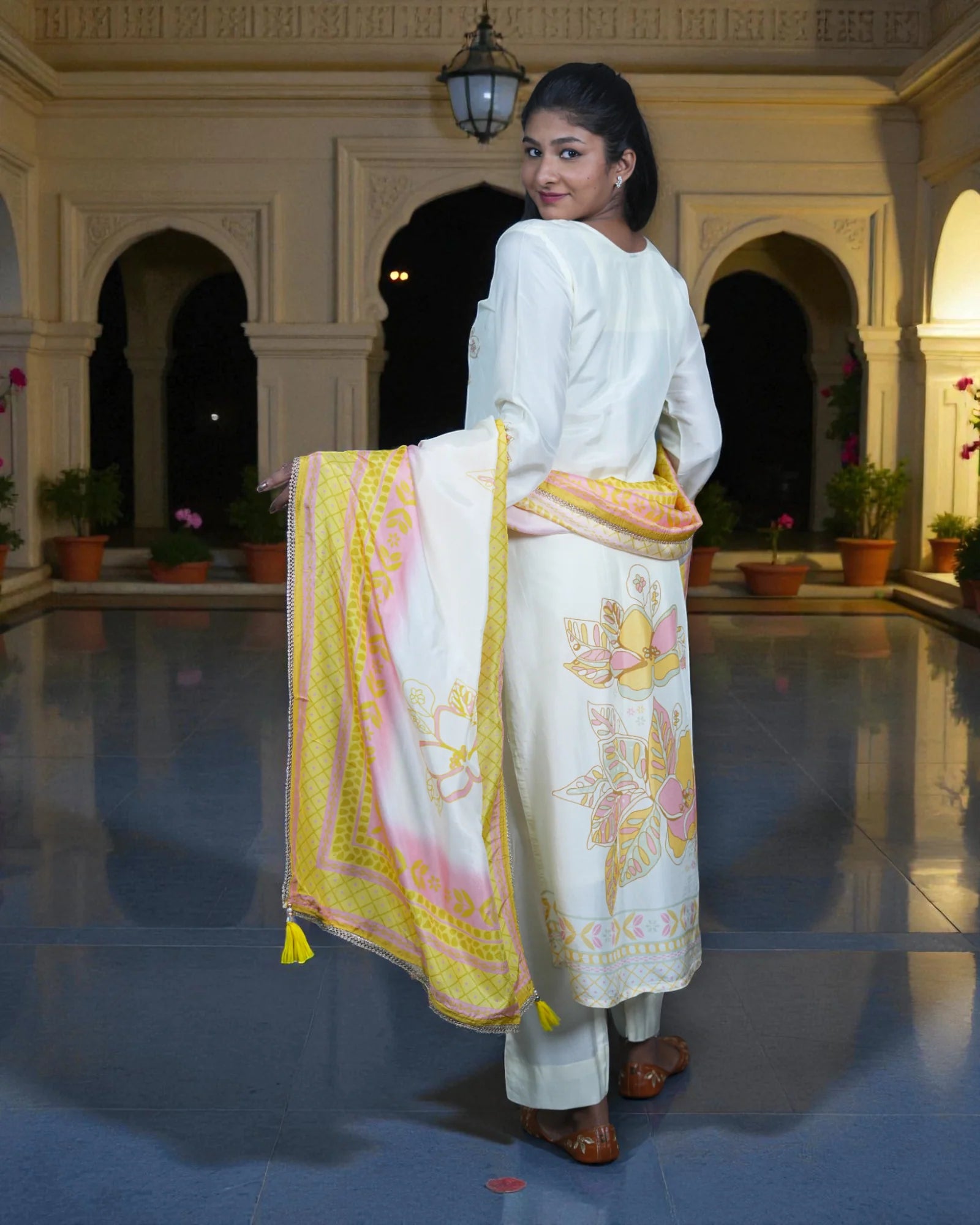 Floral Printed Chinon Silk Kurta Set