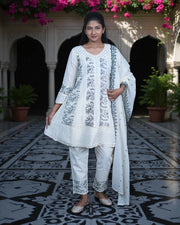 Cotton Anarkali With Beaded Embroidery And Lace Trim