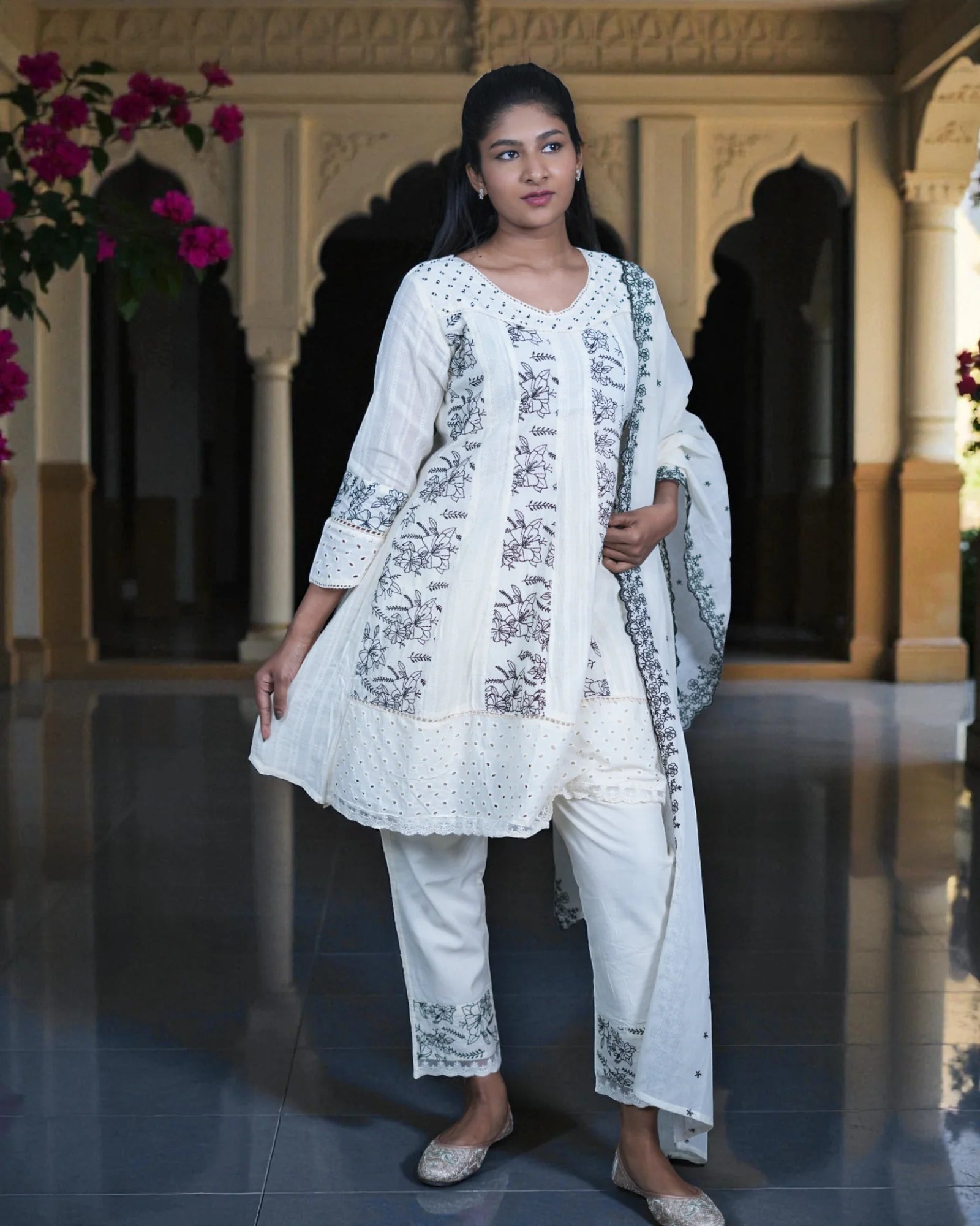 Cotton Anarkali With Beaded Embroidery And Lace Trim