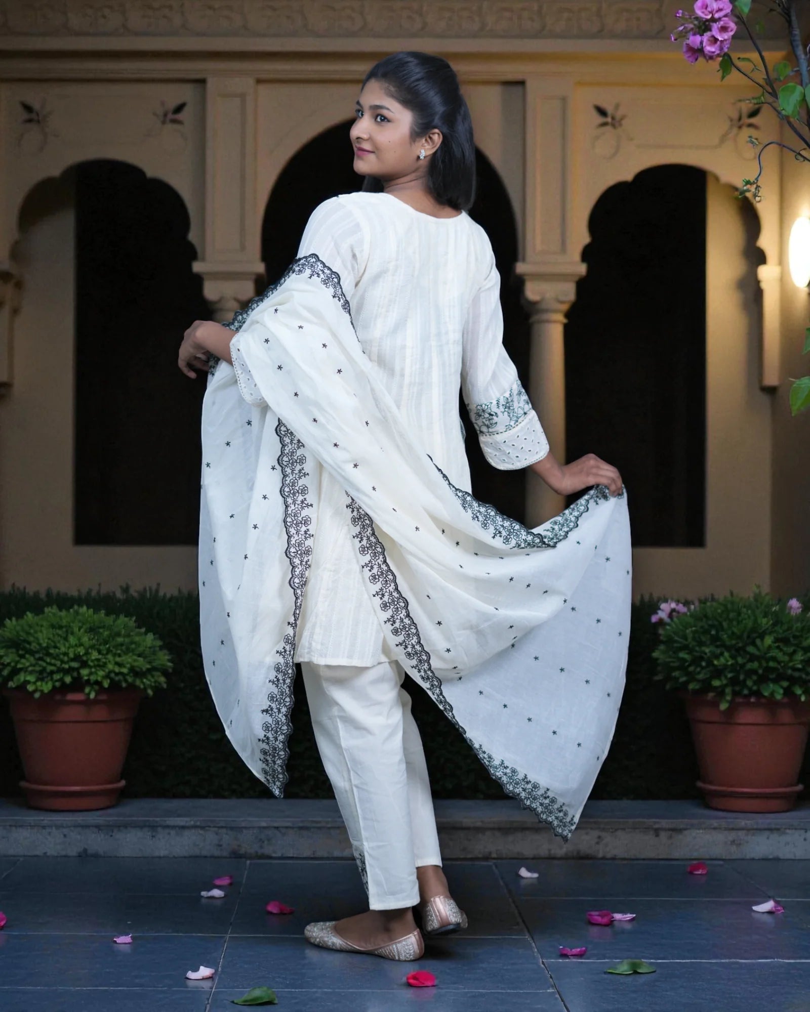 Cotton Anarkali With Beaded Embroidery And Lace Trim