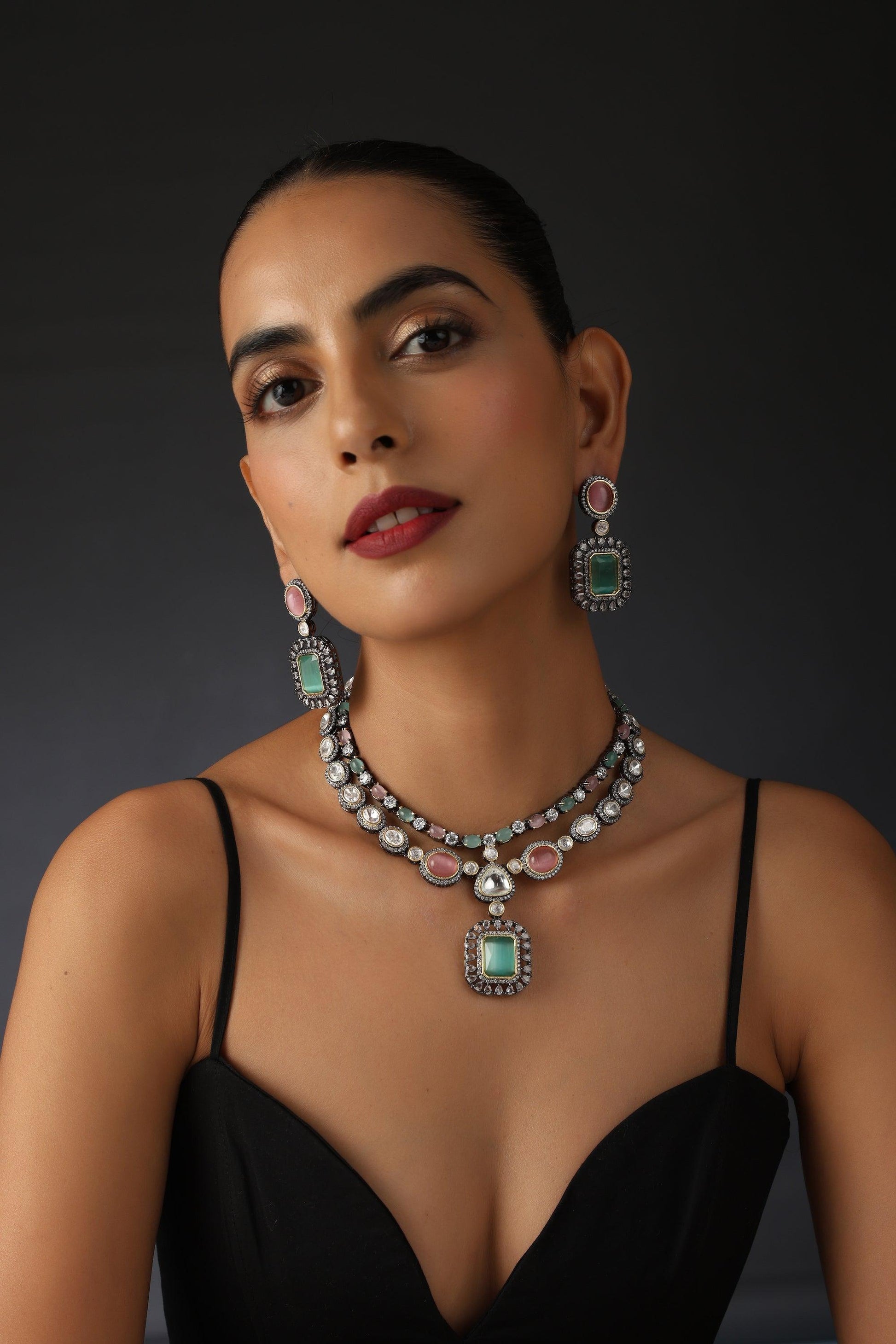 Pink & Mint Silver Polki Necklace Set - Dyulokha