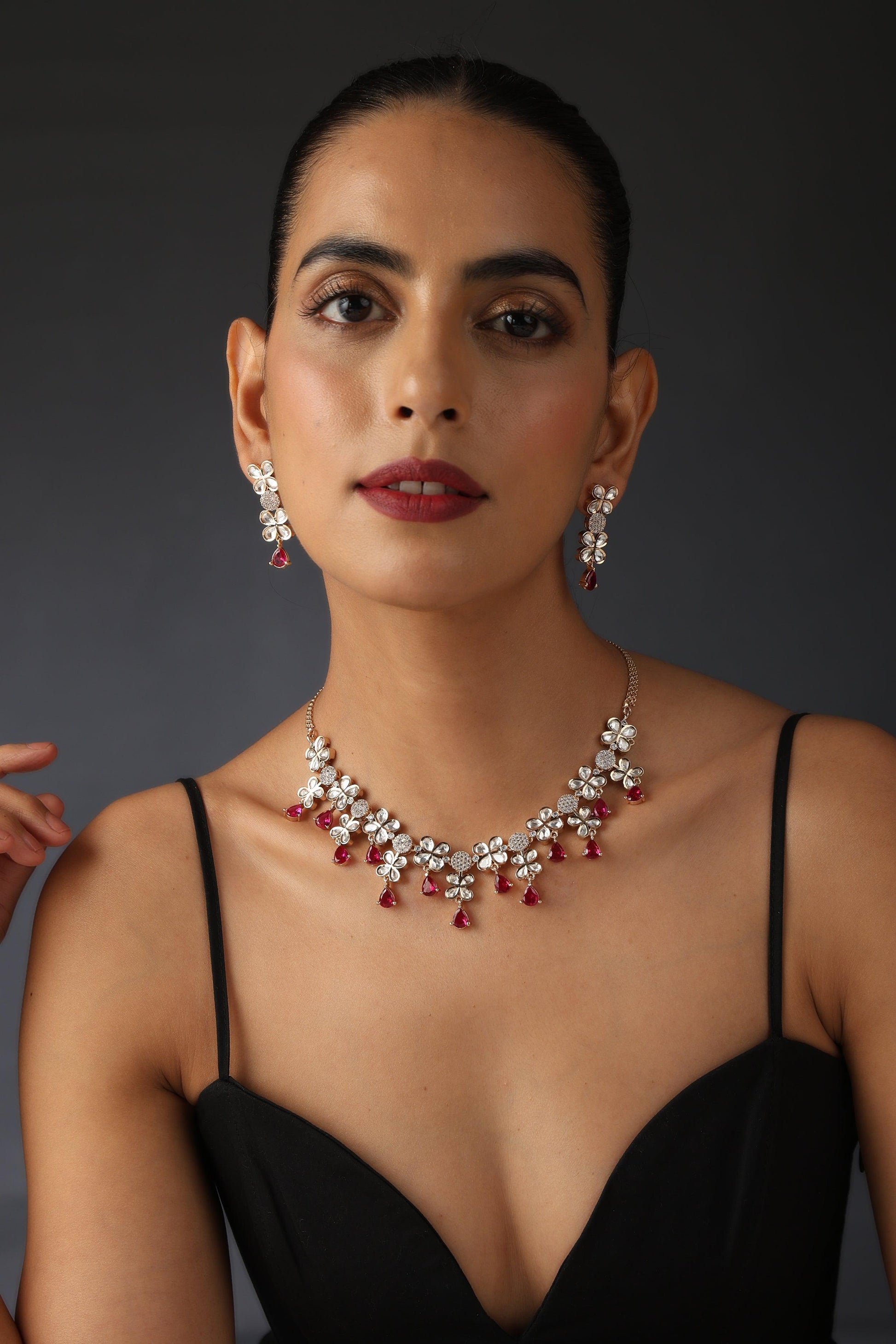 Scarlet Splendor Polki Necklace Set - Dyulokha