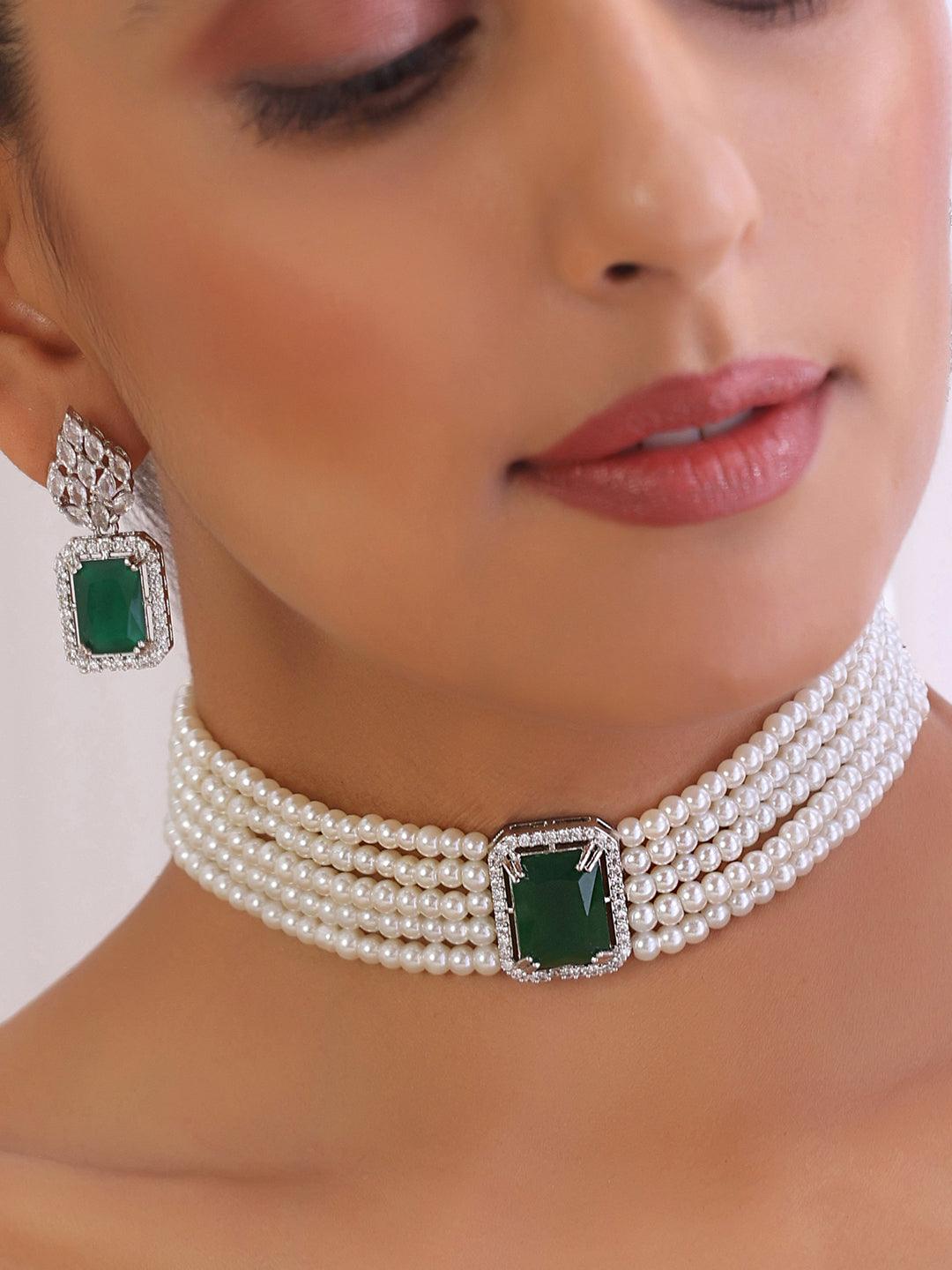 Emerald Enchantment Silver Tone Choker Set - Dyulokha