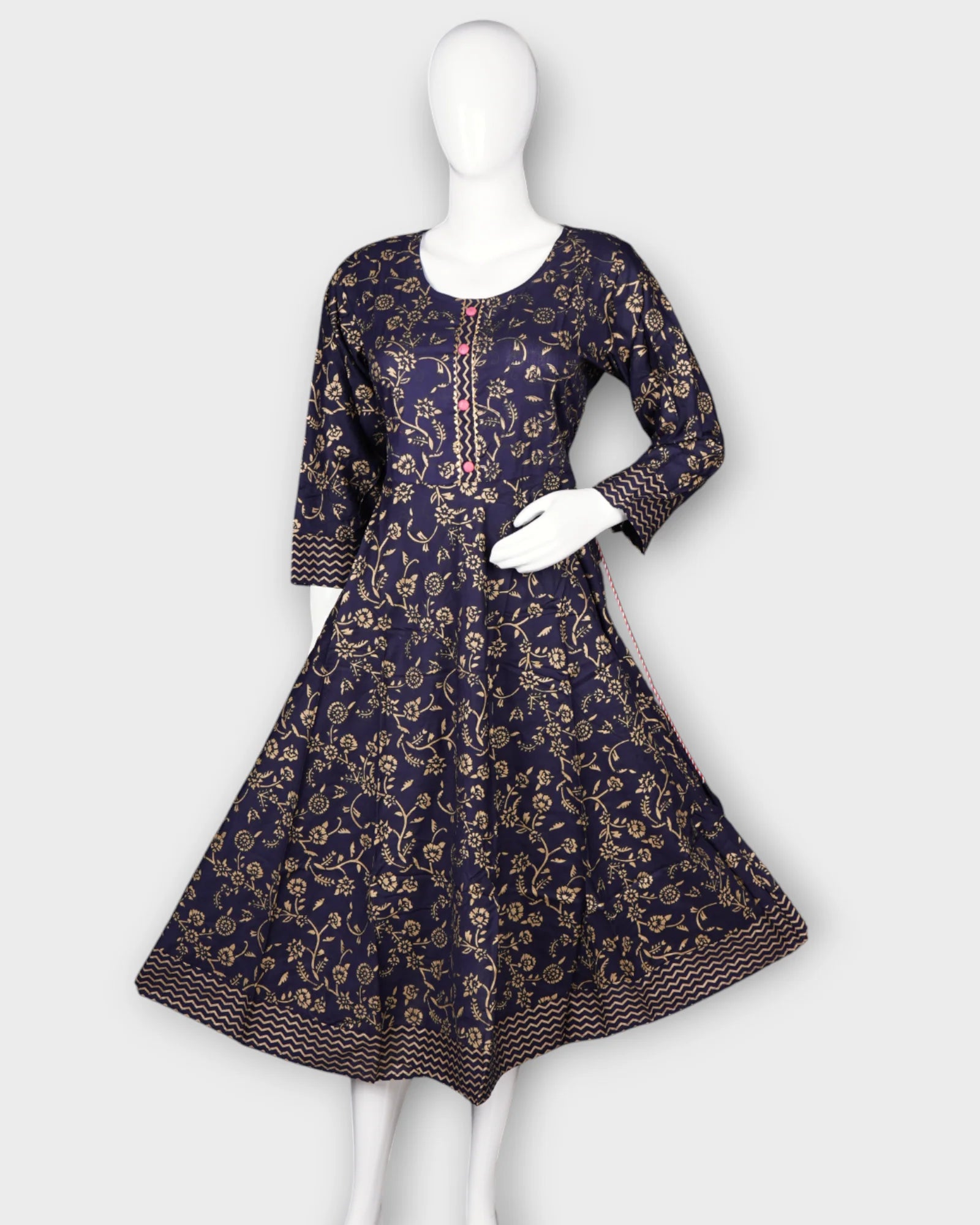 Navy Blue Gold Printed Ethnic Gown