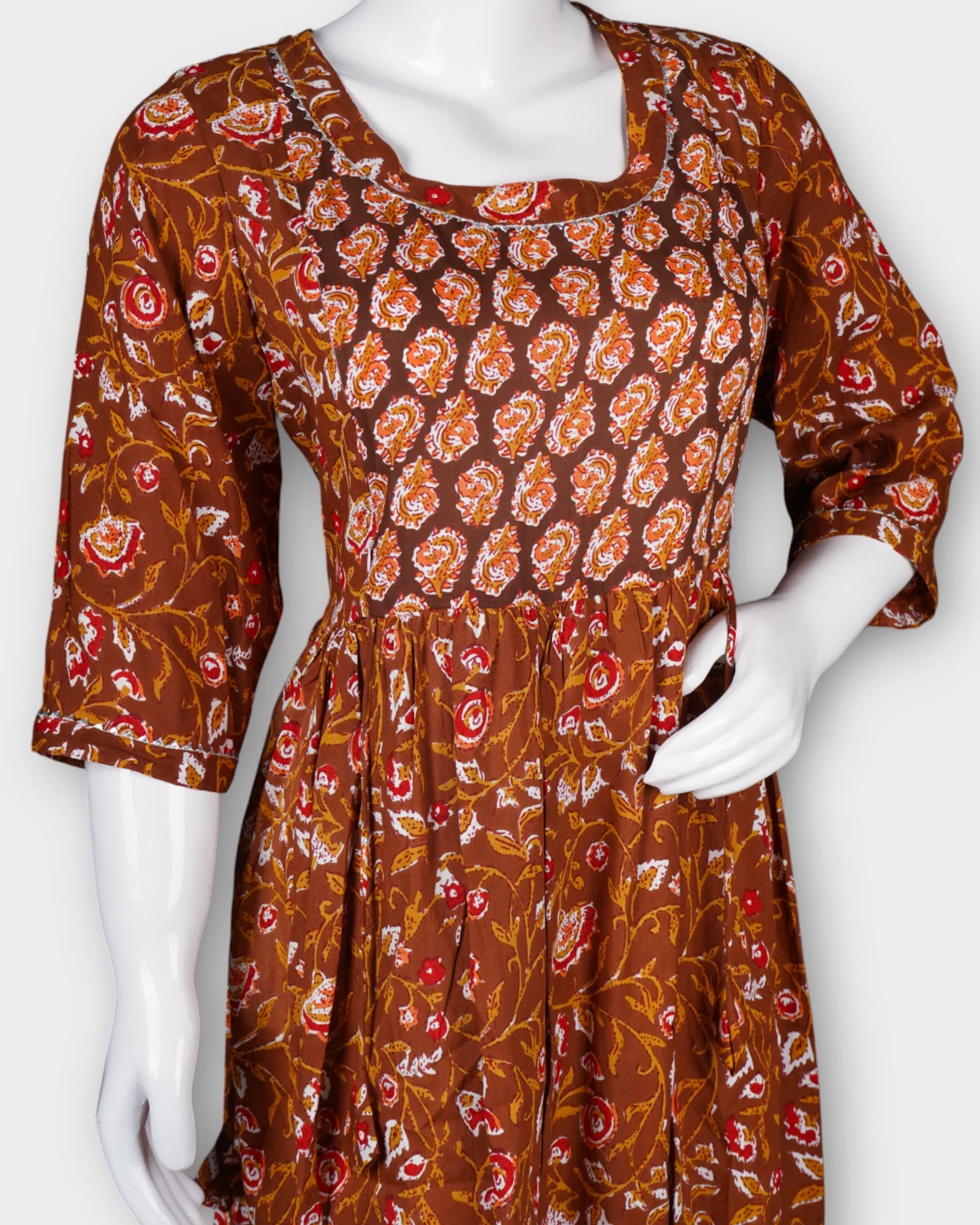 Brown Floral Cotton Ethnic Gown