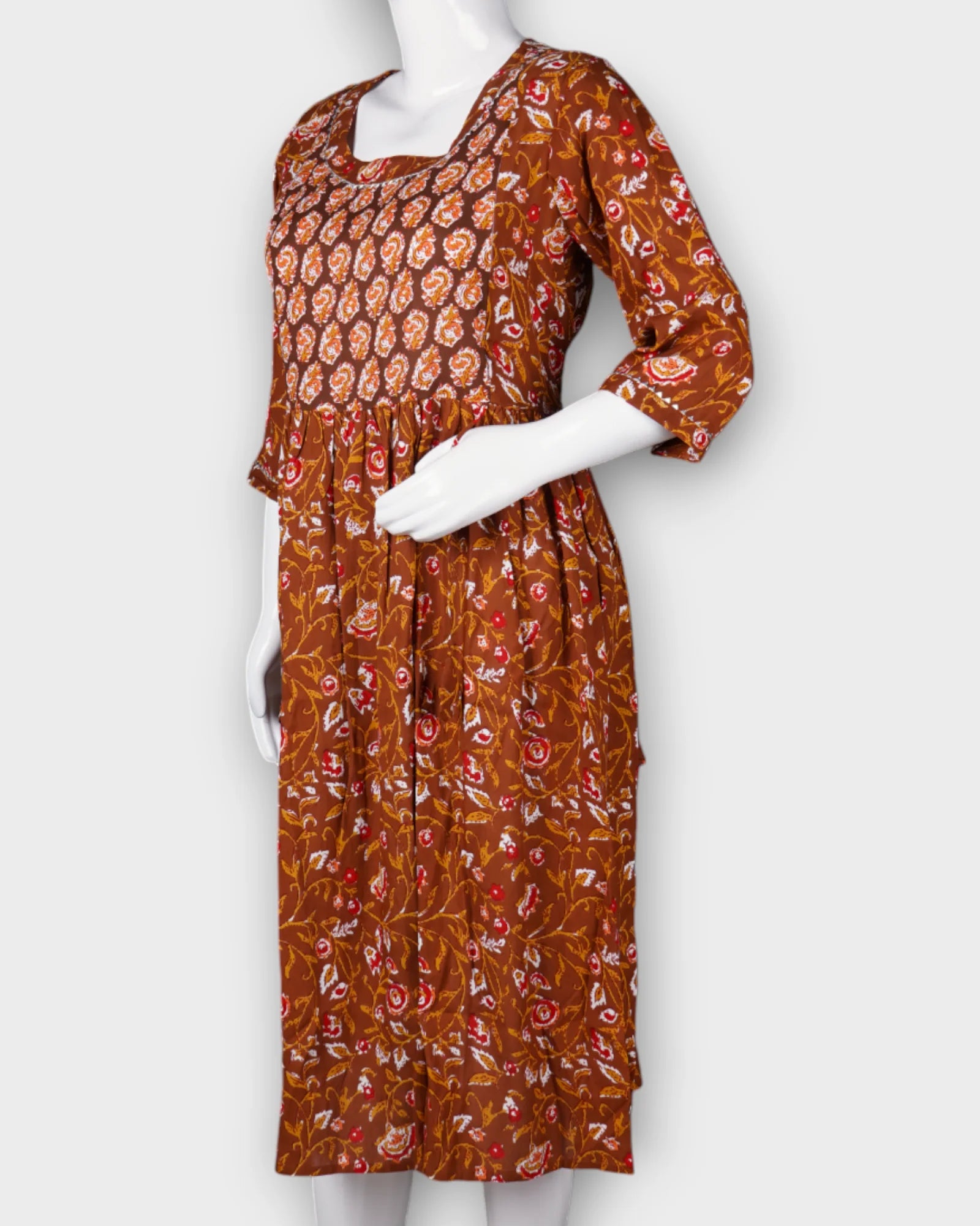 Brown Floral Cotton Ethnic Gown
