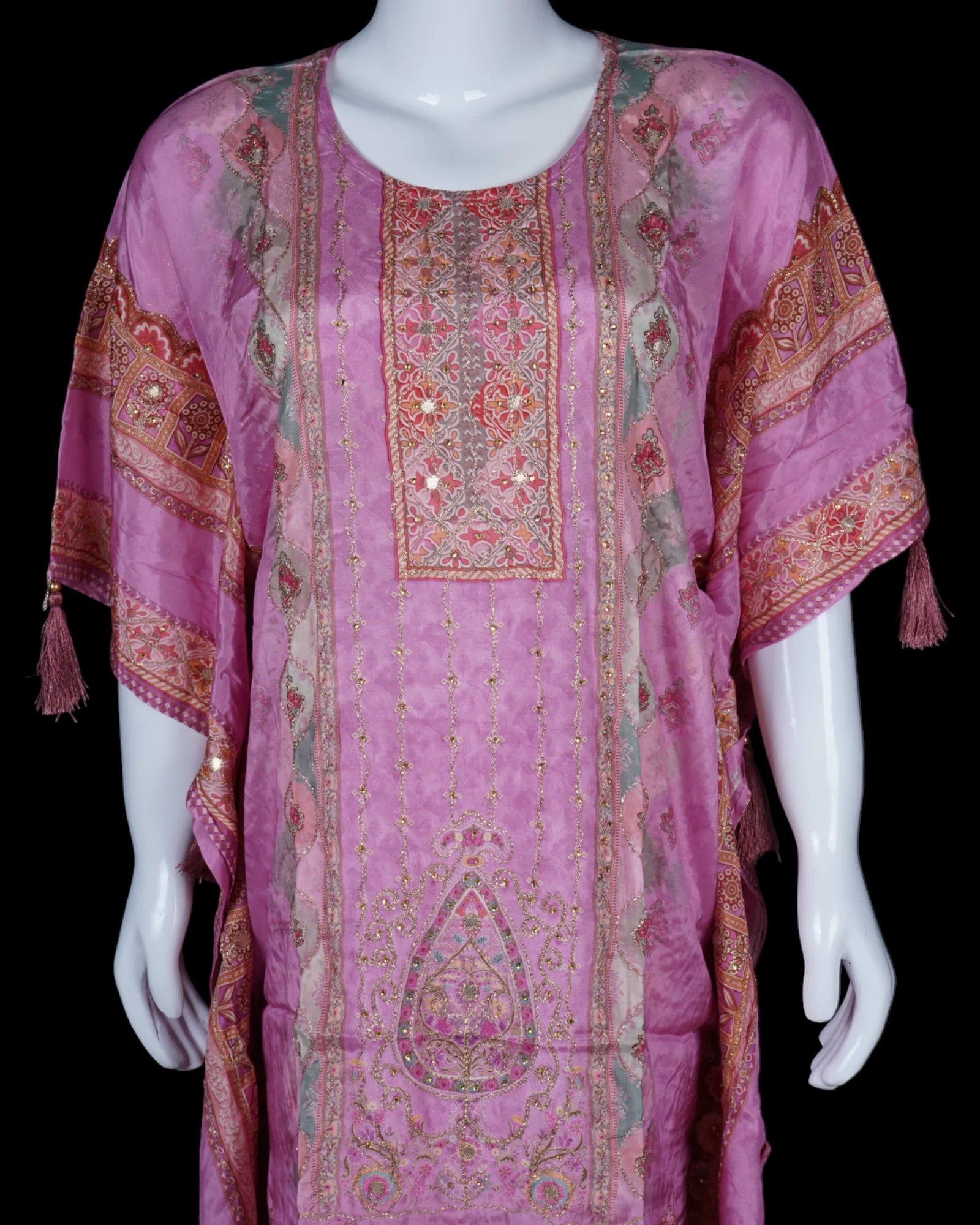 Embroidered Silk Kaftan With Floral Palazzo Set