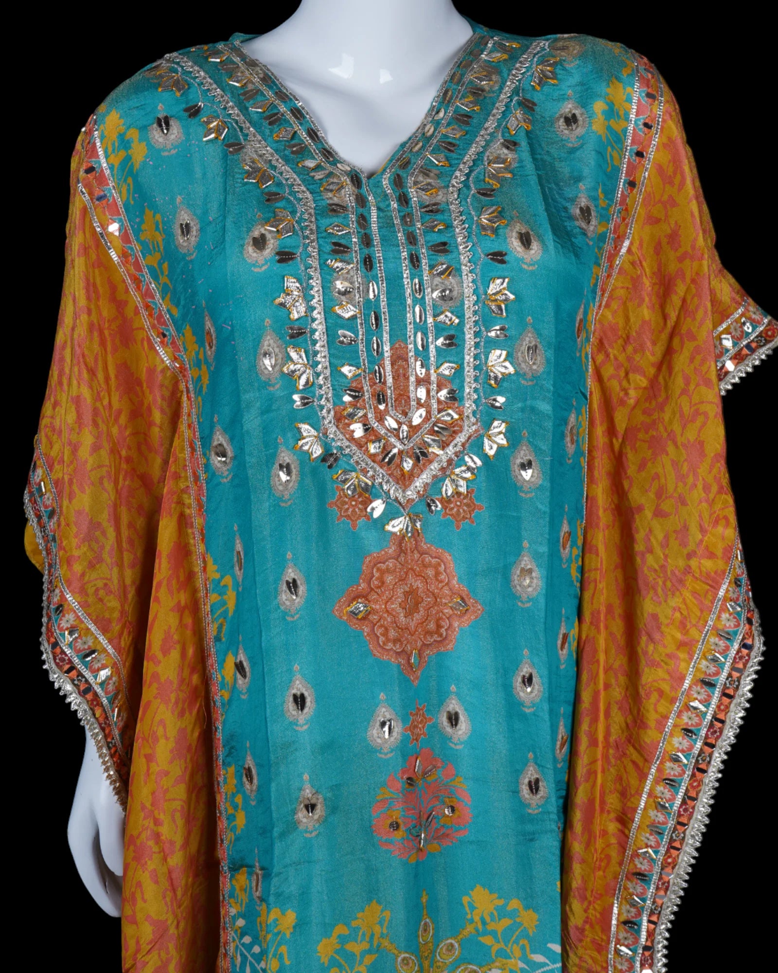 Floral Print Kaftan with Gota Patti Work