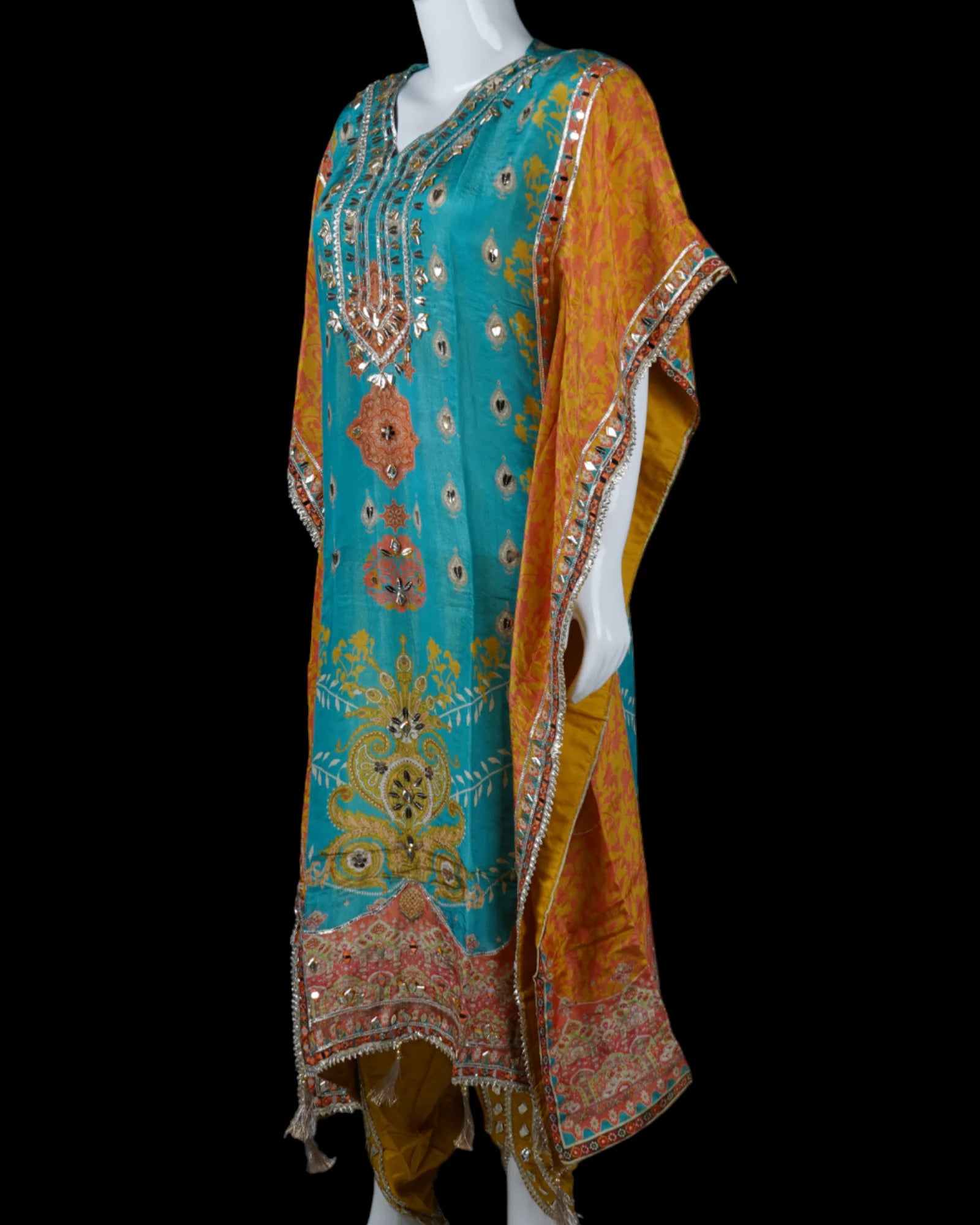 Floral Print Kaftan with Gota Patti Work