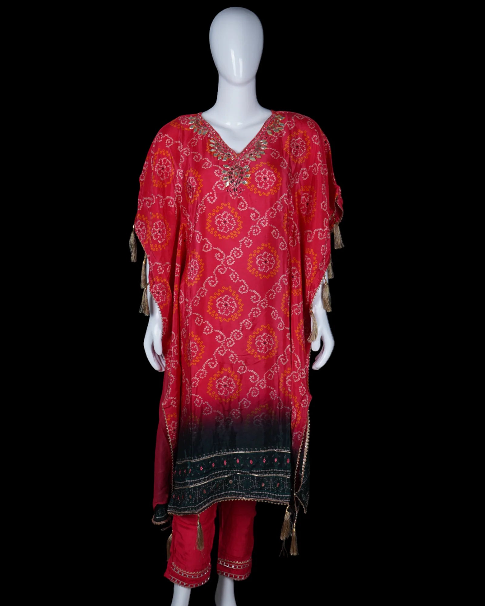 Bandhani Silk Kaftan with Mirror Embellishments