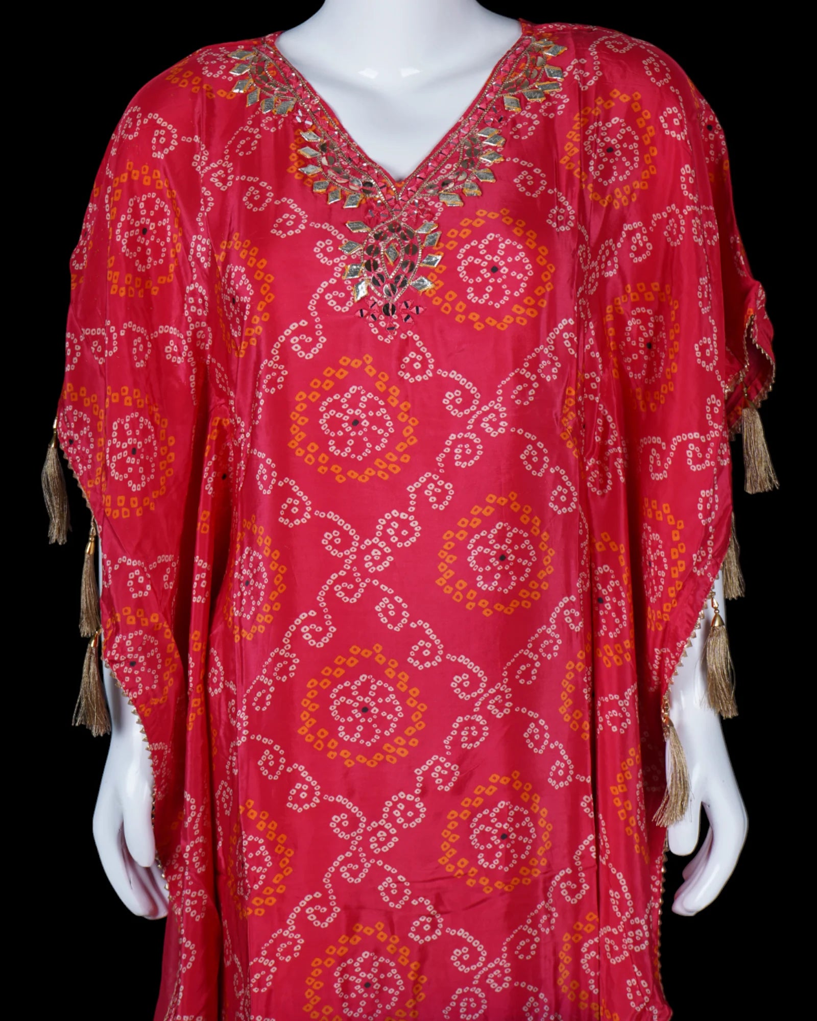 Bandhani Silk Kaftan with Mirror Embellishments