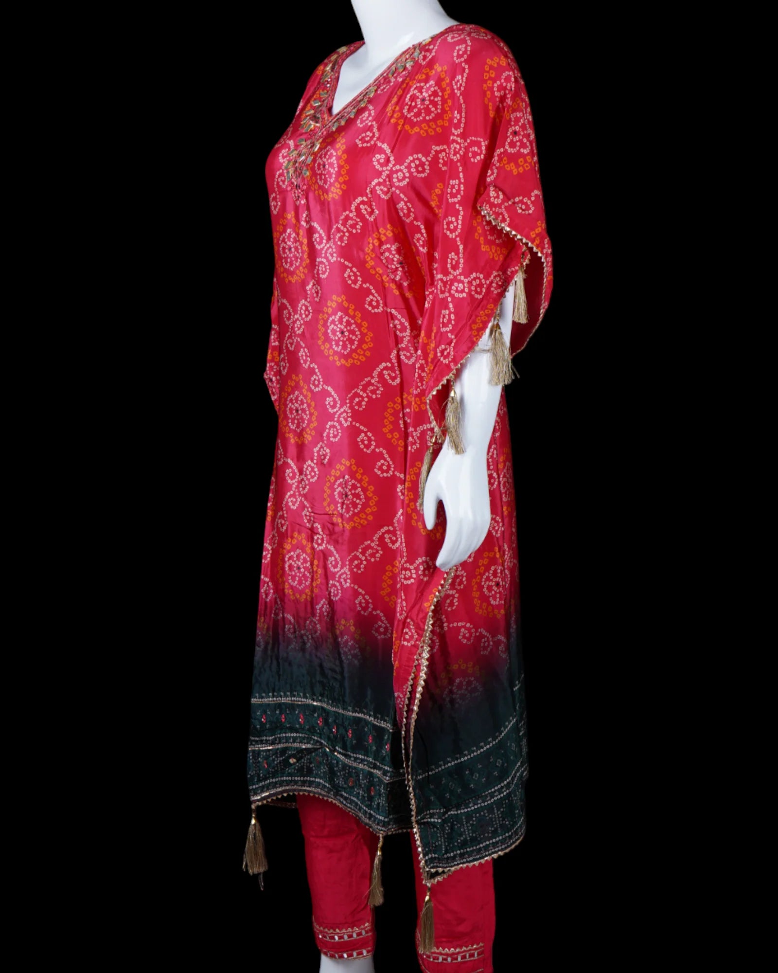 Bandhani Silk Kaftan with Mirror Embellishments