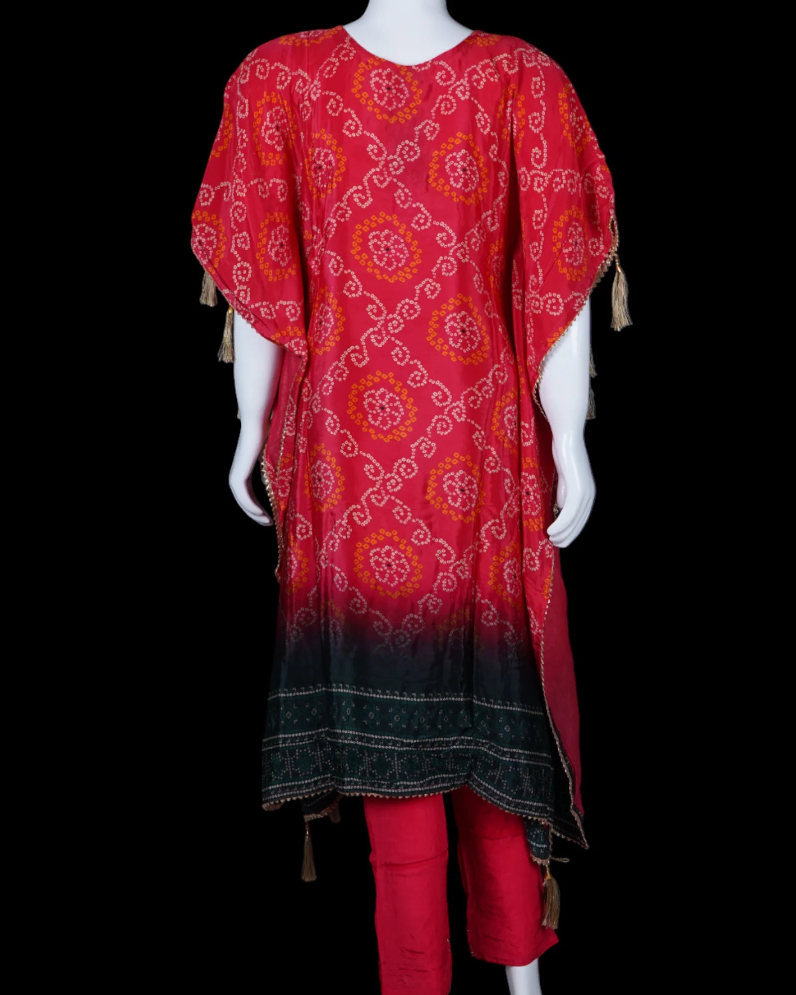 Bandhani Silk Kaftan with Mirror Embellishments