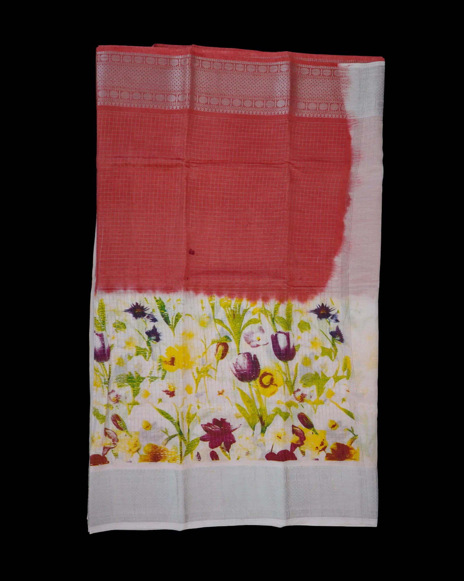 Peach Pink Mangalgiri Silk Saree Silver Checks