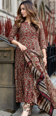 Reddish Brown Floral Rayon Anarkali Kurta Set