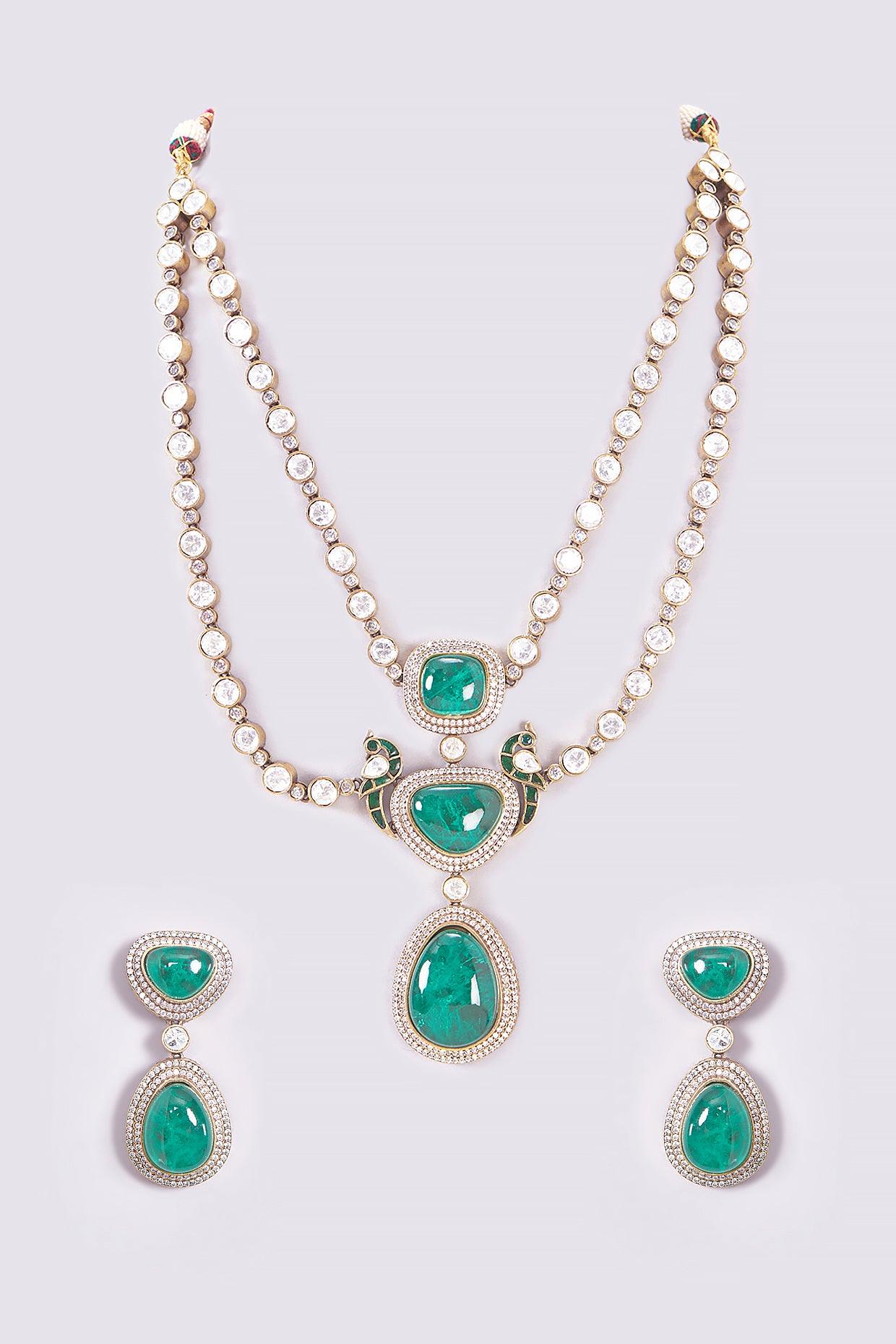 Polki Green Stone Double Layered Necklace Set - Dyulokha