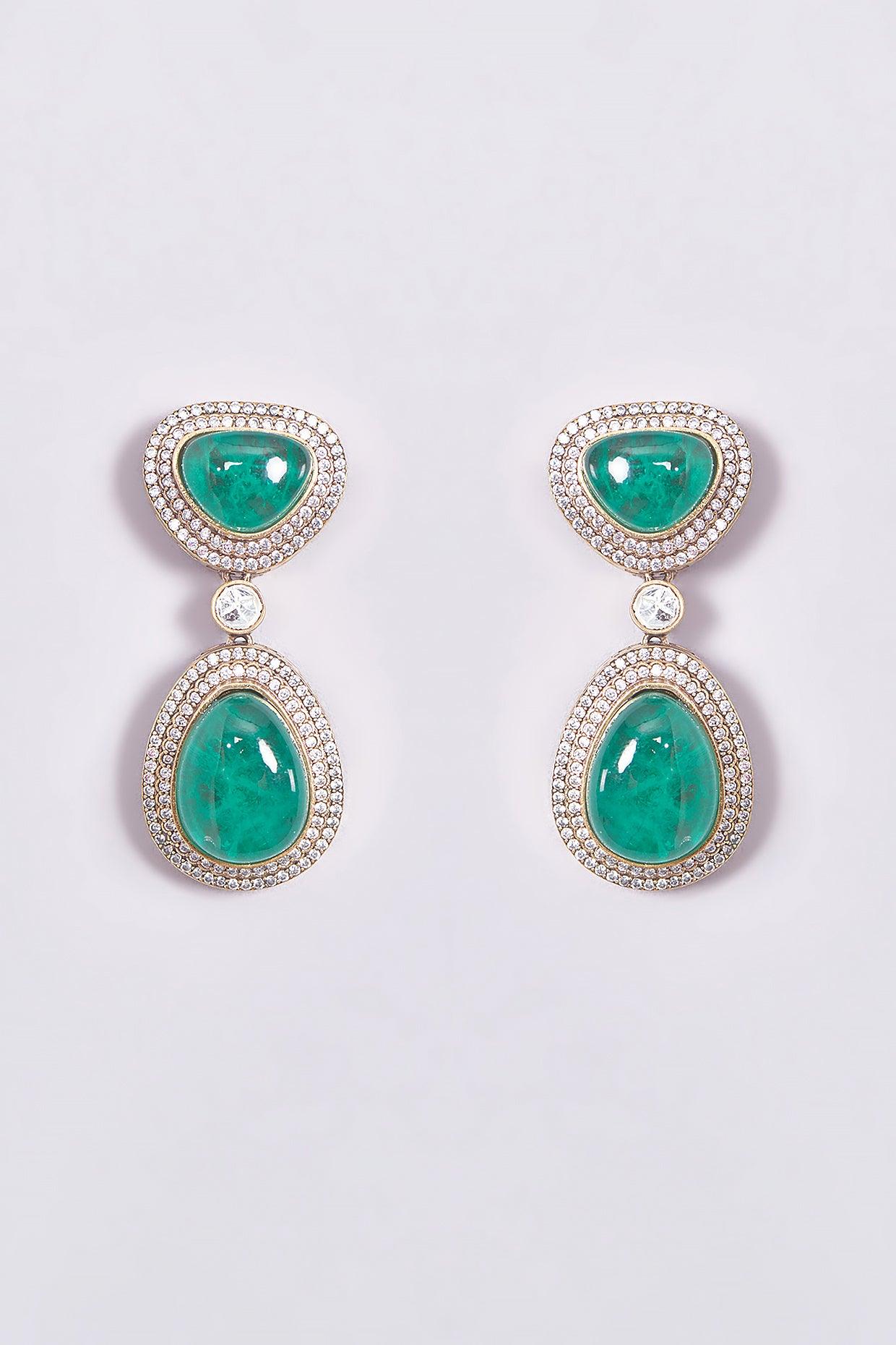 Polki Green Stone Double Layered Necklace Set - Dyulokha