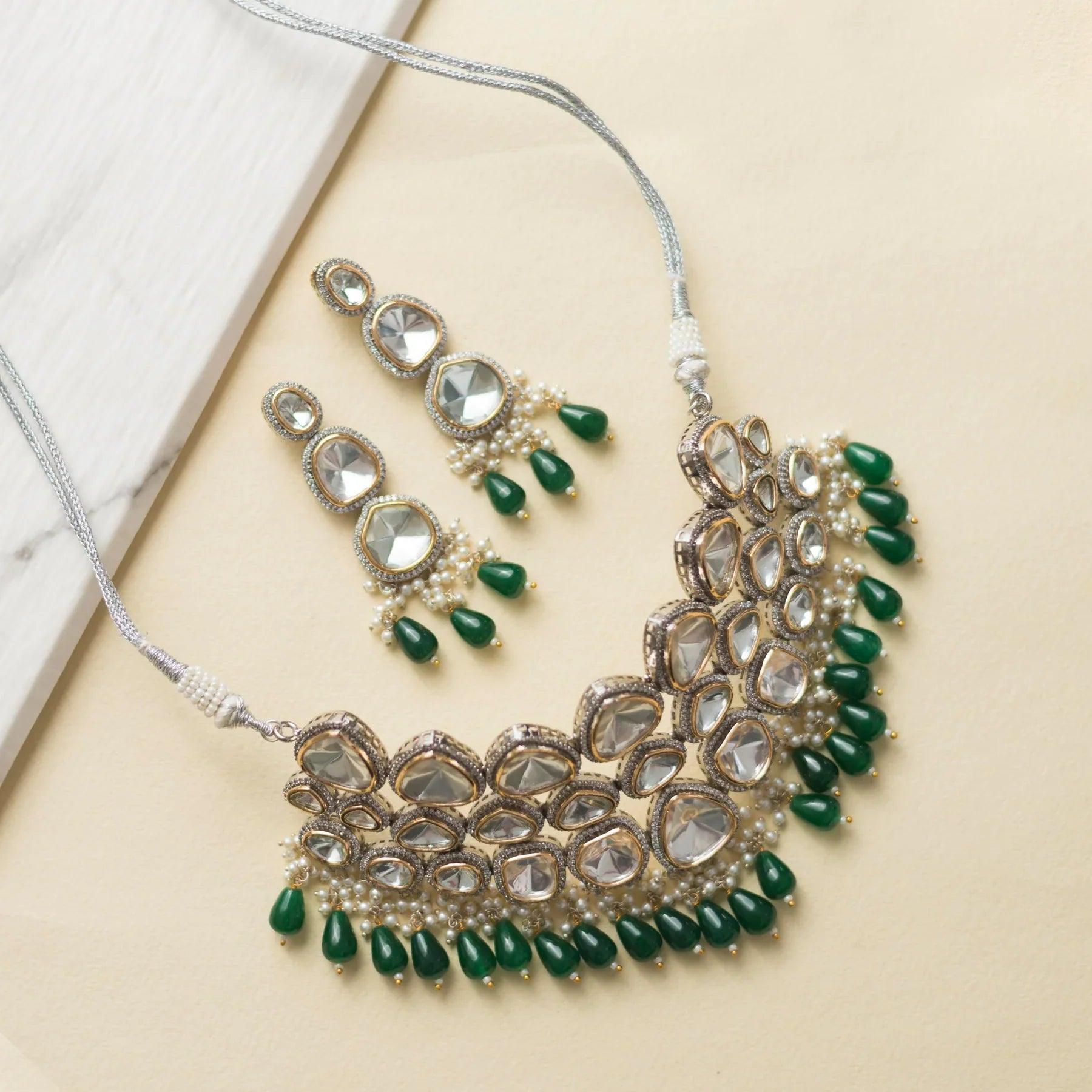 Emerald Beaded Polki Necklace Set - Dyulokha