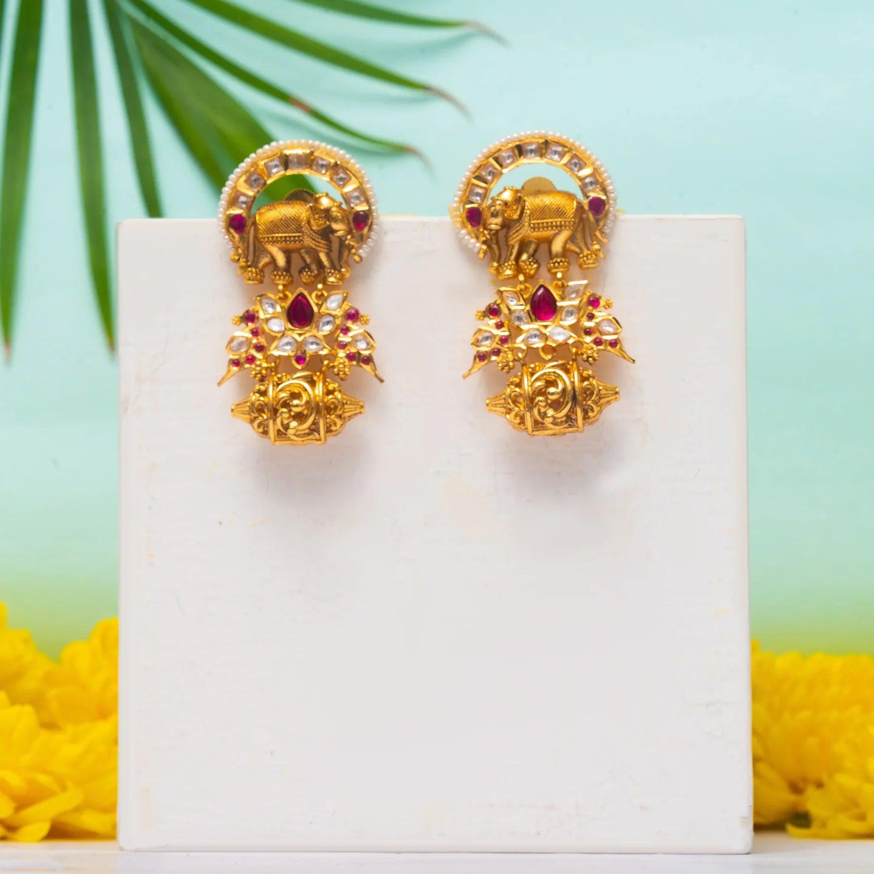 Regal Ruby Kundan Temple Earrings - Dyulokha