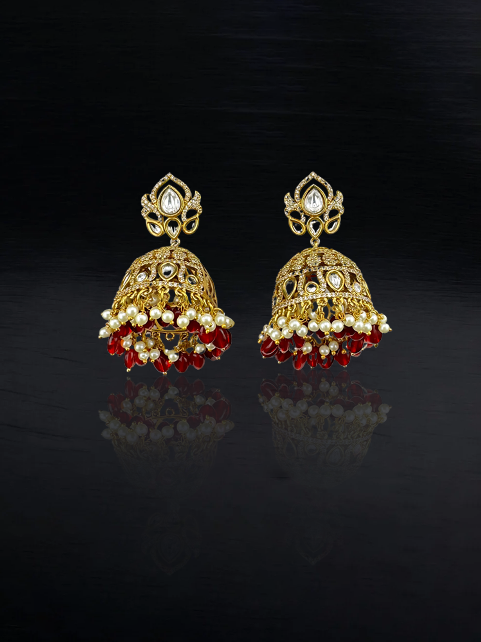 Red Beaded Jhumkas with CZ Accents