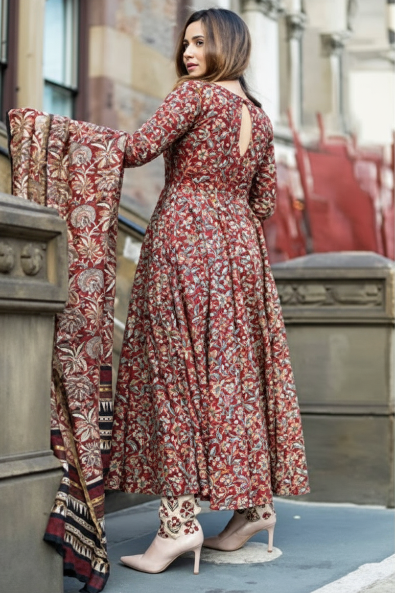 Reddish Brown Floral Rayon Anarkali Kurta Set