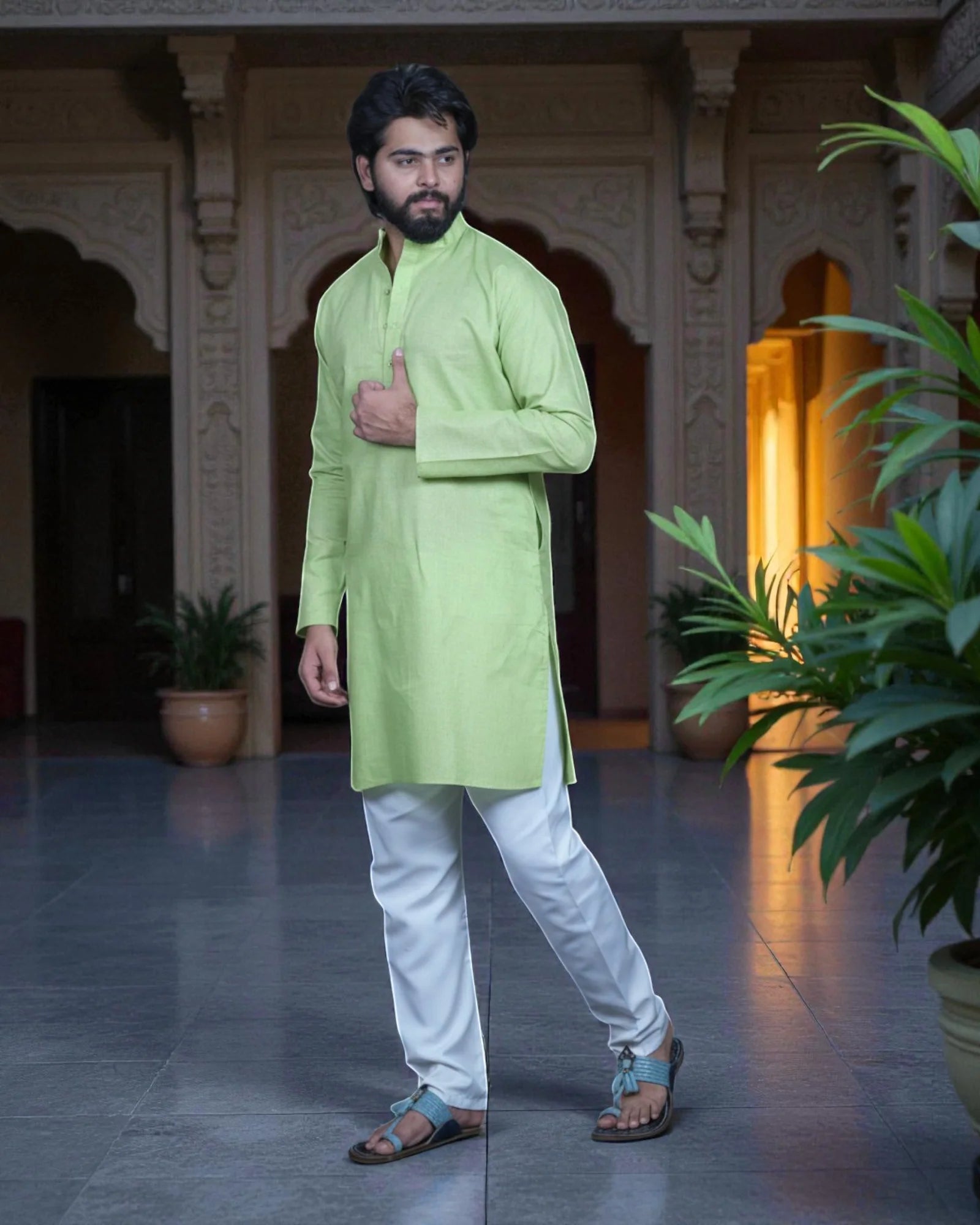 Blue Cotton Plain Kurta Pajama Set