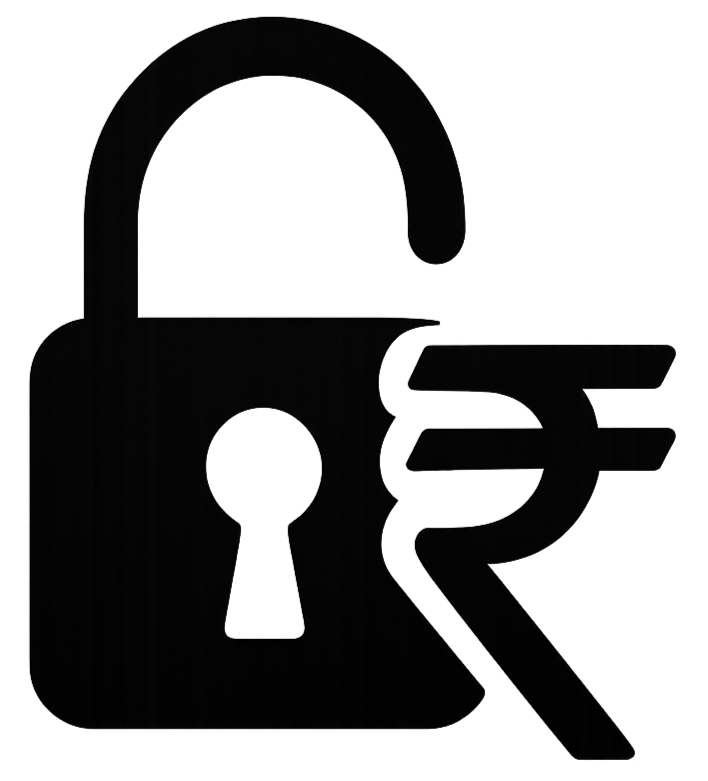unlock savings symbol + rupee symbol black icon